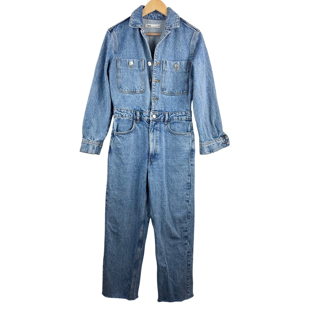 Zara Denim Jumpsuit sz M Blue‎ Long Sleeve Utility Boiler Suit 90s boho